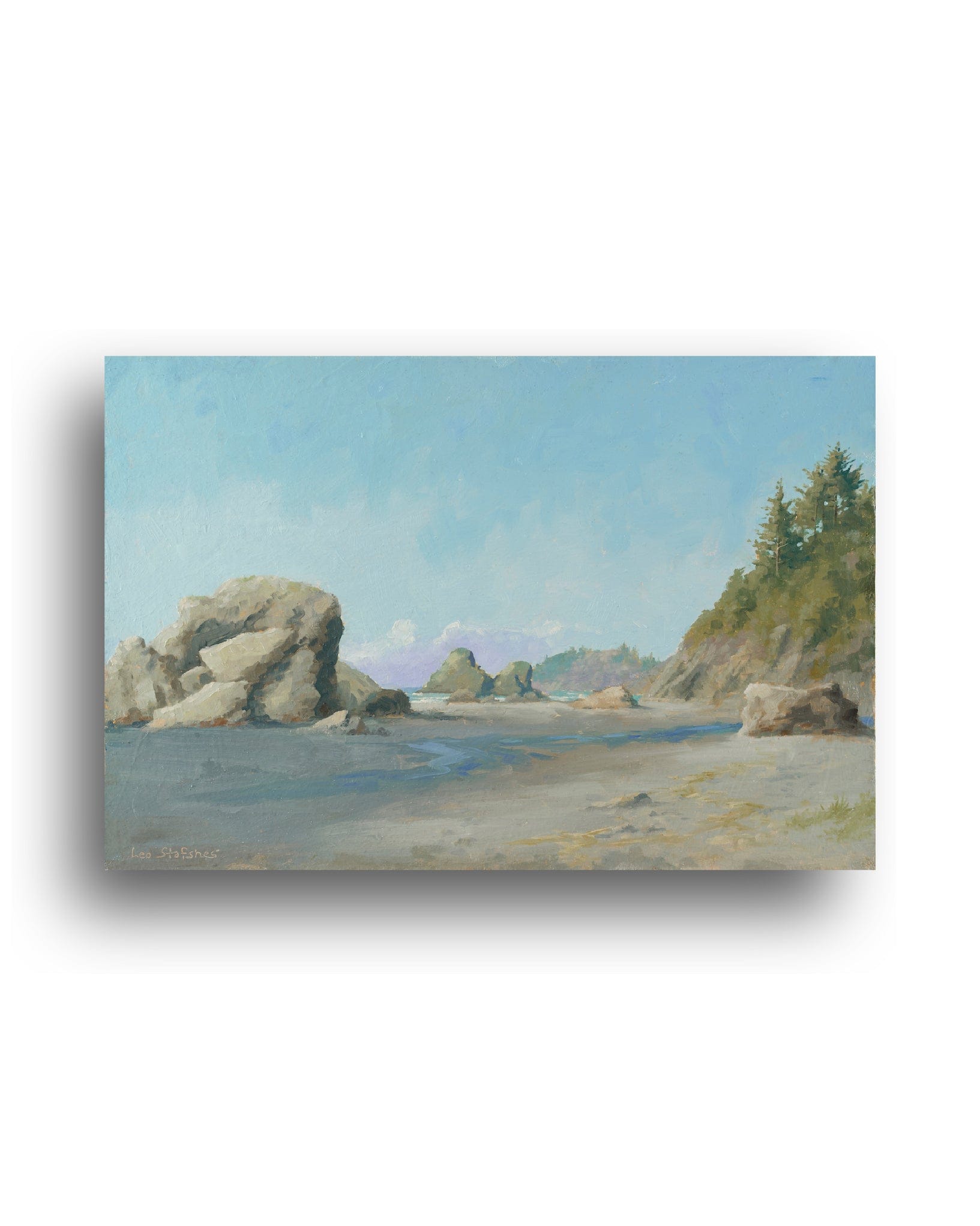 Painting of a coastal landscape with rocks and trees on a white background