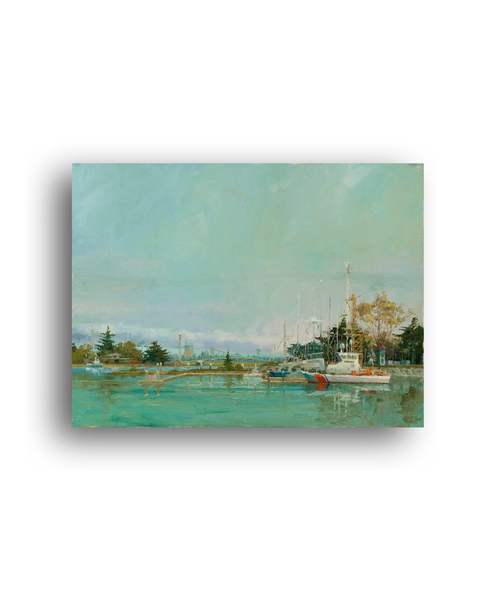 Painting of a harbor scene with boats and trees on a white background