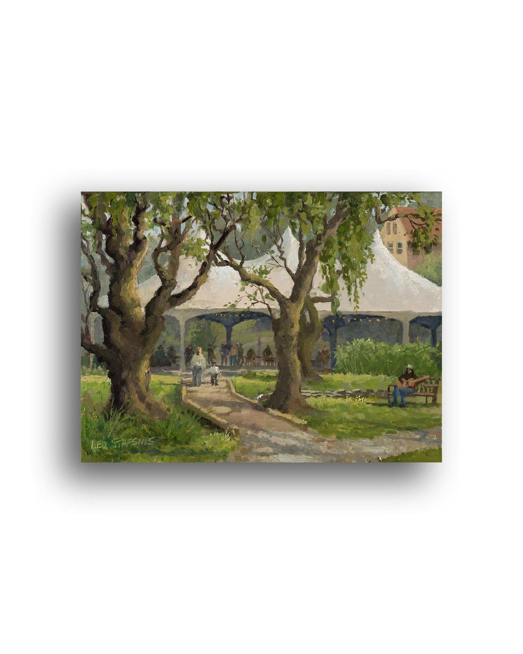 Painting of a park scene with trees, people, and a building in the background.