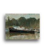 Painting of a boat on water with trees in the background