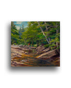 Painting of a forest scene with rocks and trees