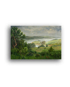 Landscape painting of a serene lake surrounded by trees and rolling hills.