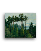 Painting of a forest scene with tall trees and a clear sky.
