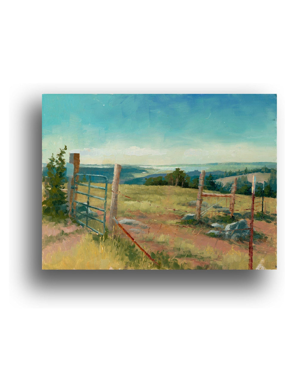 Painting of a rural landscape with a fence and open field.