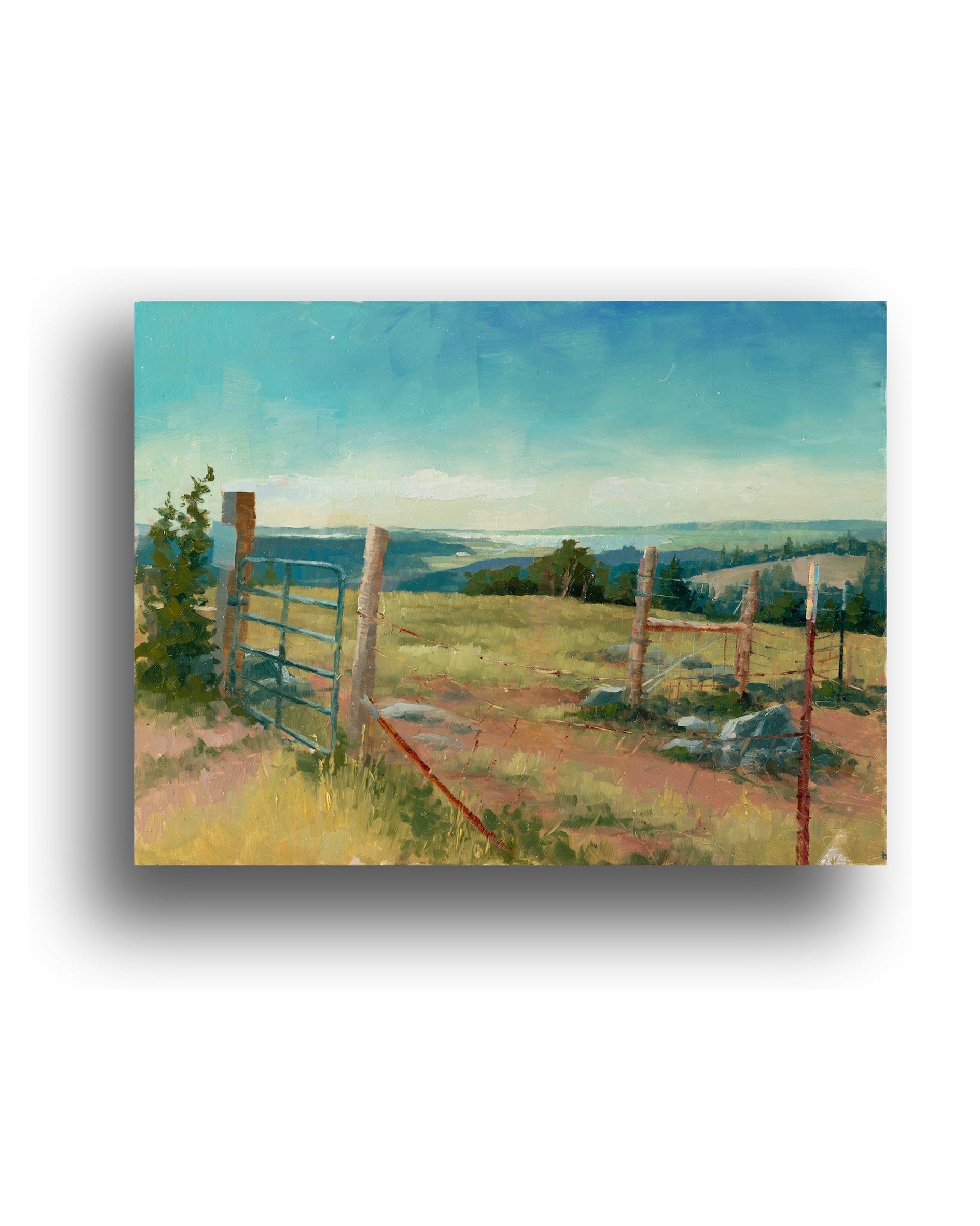 Painting of a rural landscape with a fence and open field.