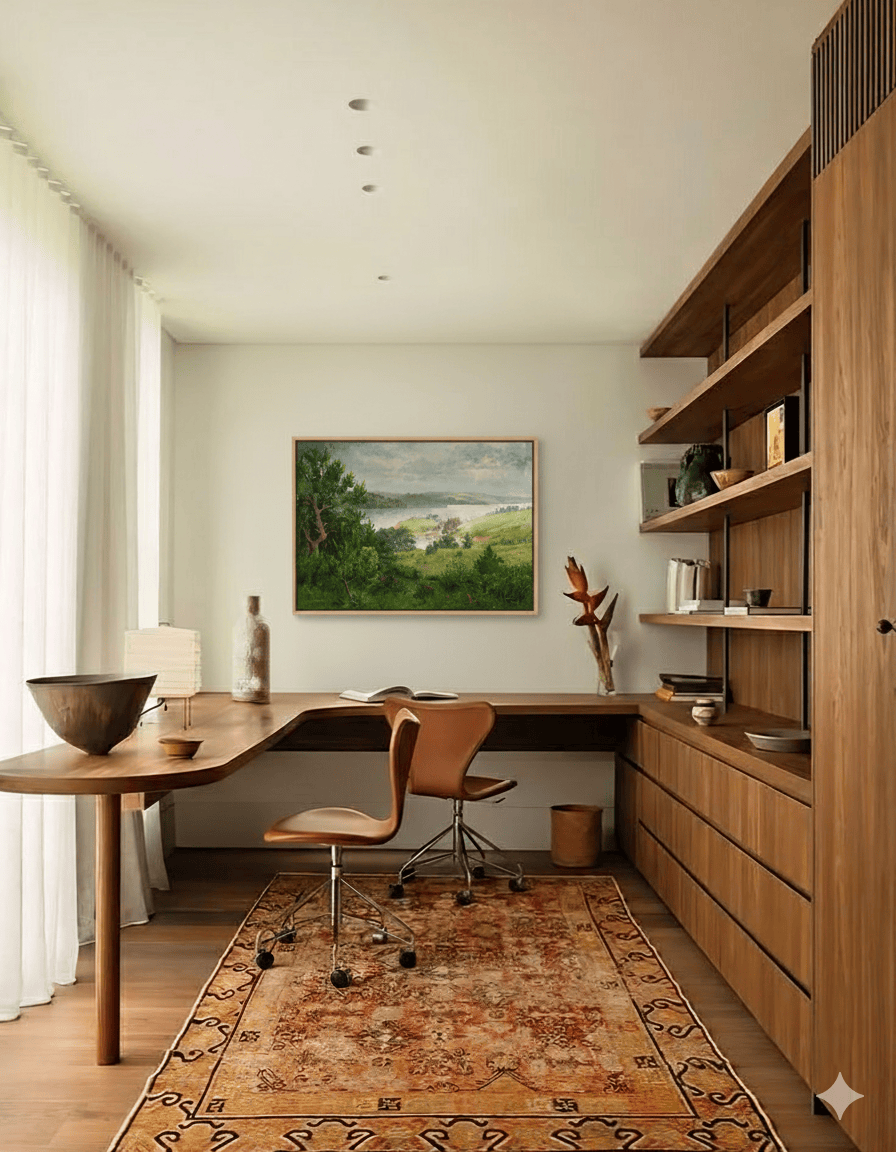 Modern home office with wooden desk, chair, and bookshelf featuring an original oil painting by Leo Stafsnes.