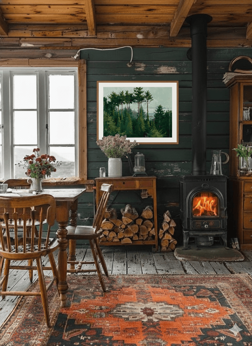 Cozy rustic interior with wooden dining table, chairs, and a lit wood stove.